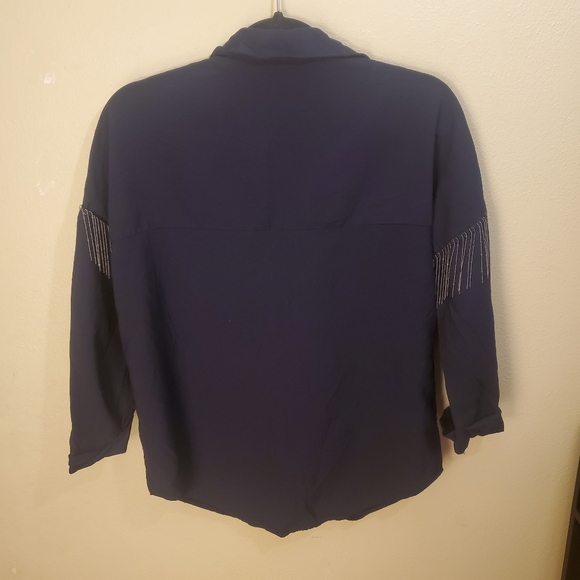 Zara Basic Navy Blue Fringe Metallic 3/4 Sleeve Snap Button Collar Neck … - Picture 6 of 7